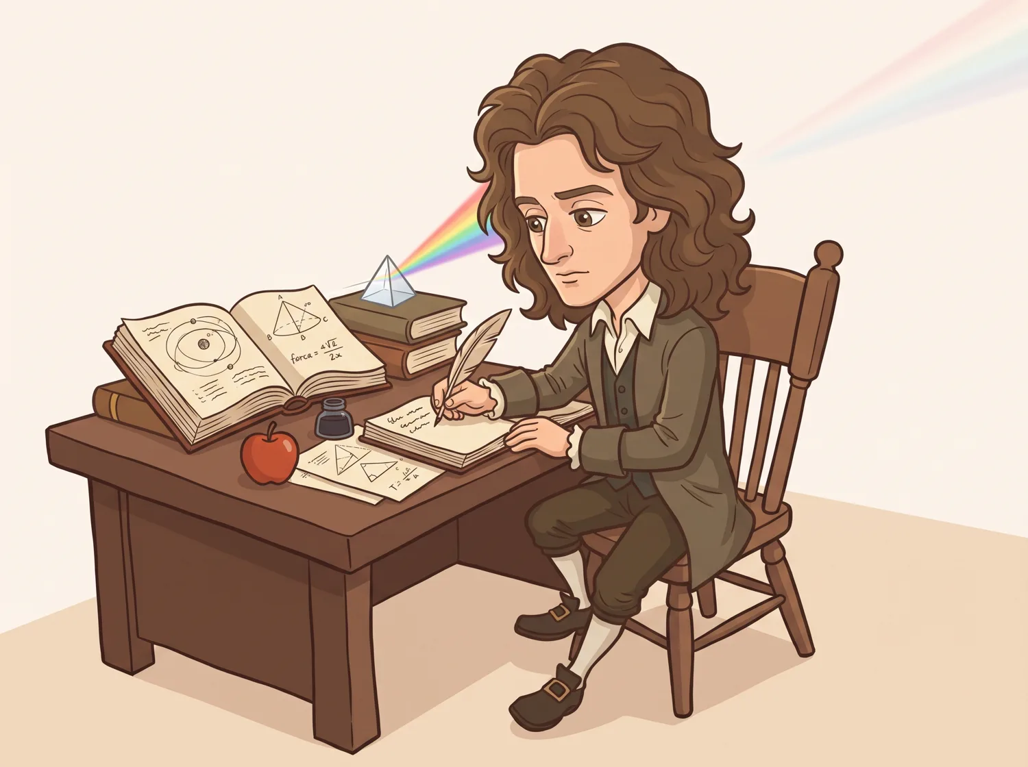 Ilustração de Newton escrevendo à mesa, com um prisma e uma maçã